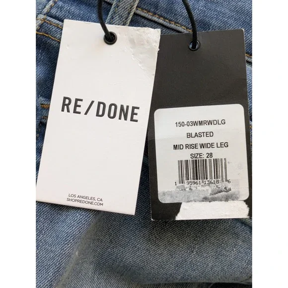 RE/DONE Mid Rise Wide Leg Jeans Button Fly Womens Size 28 Blasted Wash NWT $295